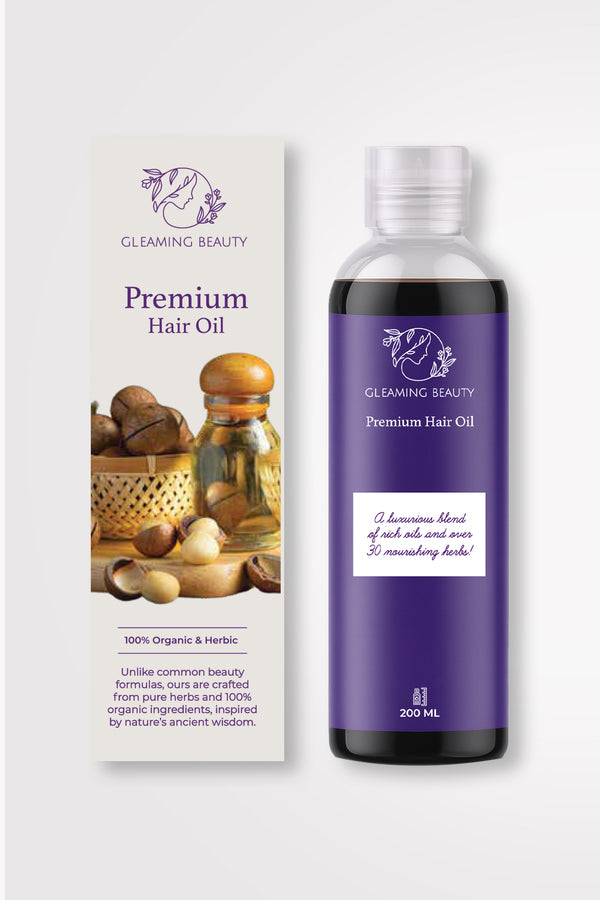 Gleaming Beauty Herbal Hair Oil 200 ml bottle with purple label and box, organic herbal hair oil for strong shiny hair in Pakistan. 