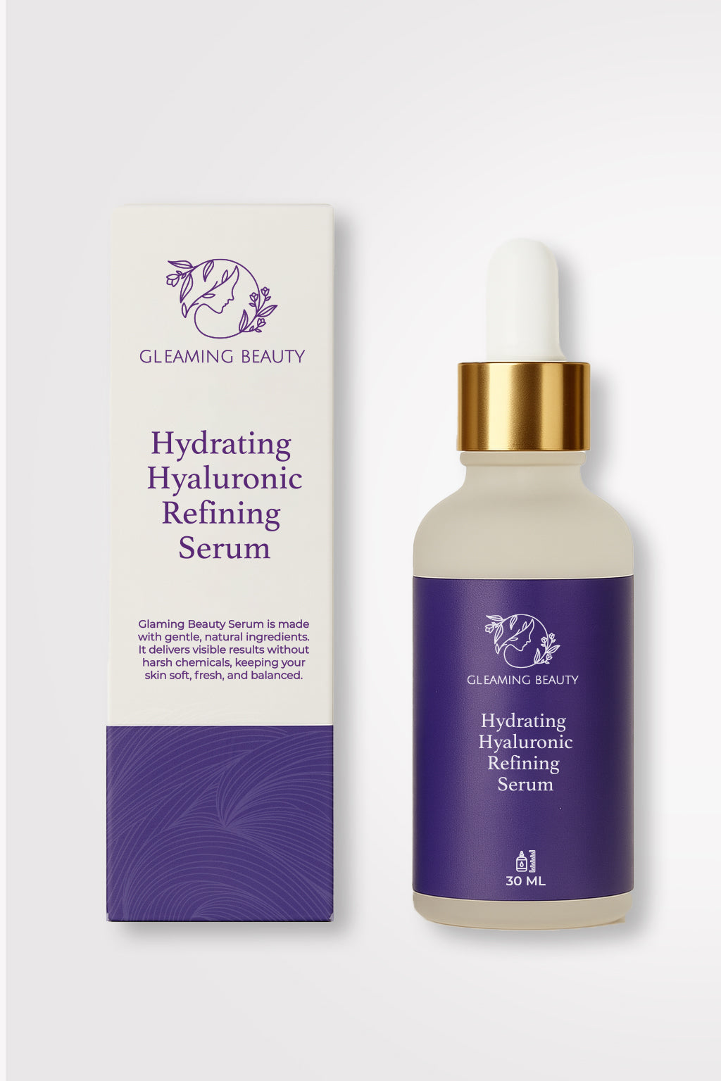 Gleaming Beauty Premium Face Serum 30 ml dropper bottle with purple box, hydrating face serum for glowing skin in Pakistan.