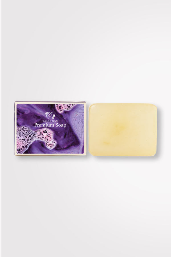 Gleaming Beauty Herbal Soap 100 g bar with purple box, natural organic beauty soap for all skin types in Pakistan.