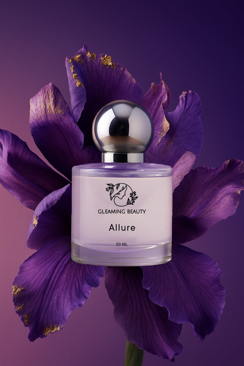 Gleaming Beauty Allure 50 ml perfume with purple iris backdrop, fruity woody men’s scent inspired by Creed Aventus, long lasting in Pakistan.Gleaming Beauty Allure 50 ml perfume with purple iris backdrop, fruity woody men’s scent inspired by Creed Aventus, long lasting in Pakistan.