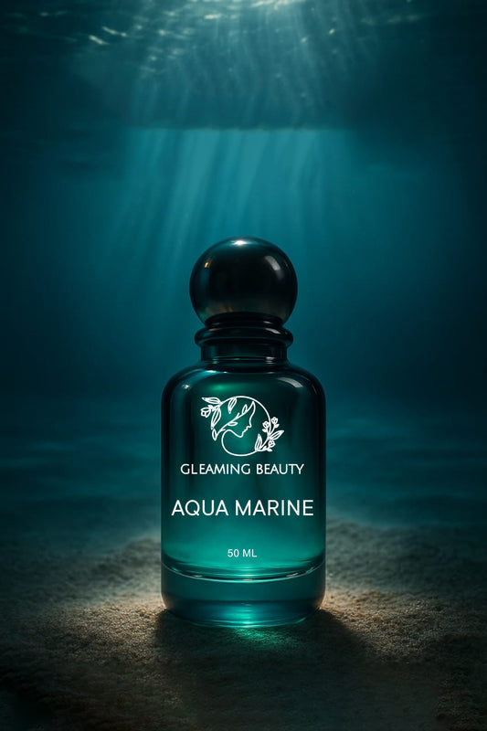 Gleaming Beauty Aqua Marine 50 ml perfume bottle in teal, fresh aquatic unisex scent, long lasting perfume in Pakistan.