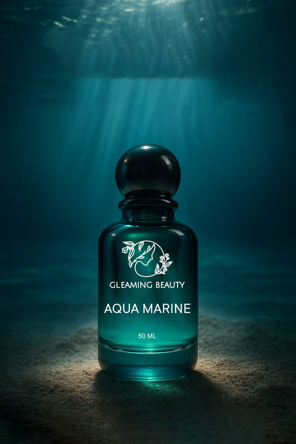 Gleaming Beauty Aqua Marine 50 ml perfume bottle in teal, fresh aquatic unisex scent, long lasting perfume in Pakistan.