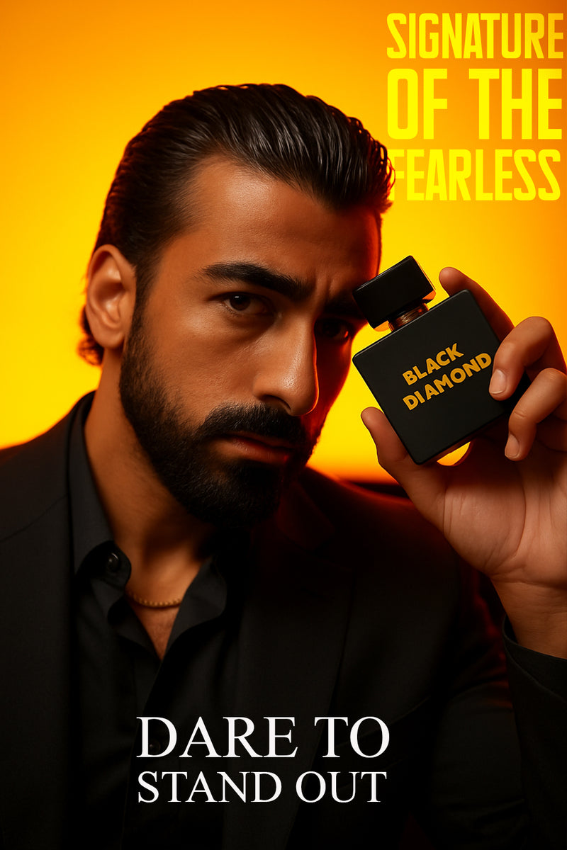 Male model holding Gleaming Beauty Black Diamond 50 ml, matte black bottle, fresh aquatic long lasting men’s perfume in Pakistan.