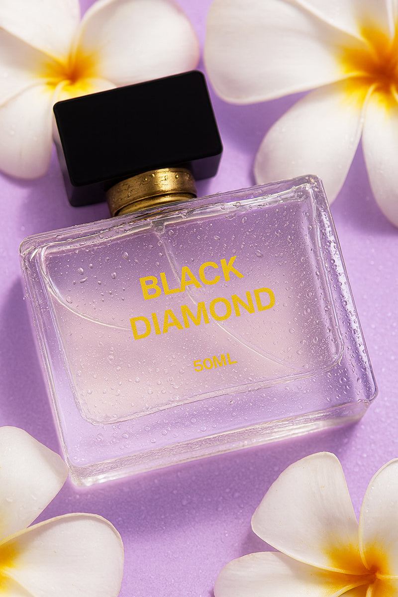 Gleaming Beauty Black Diamond 50 ml perfume with white flowers on lilac background, long lasting floral women’s scent in Pakistan.