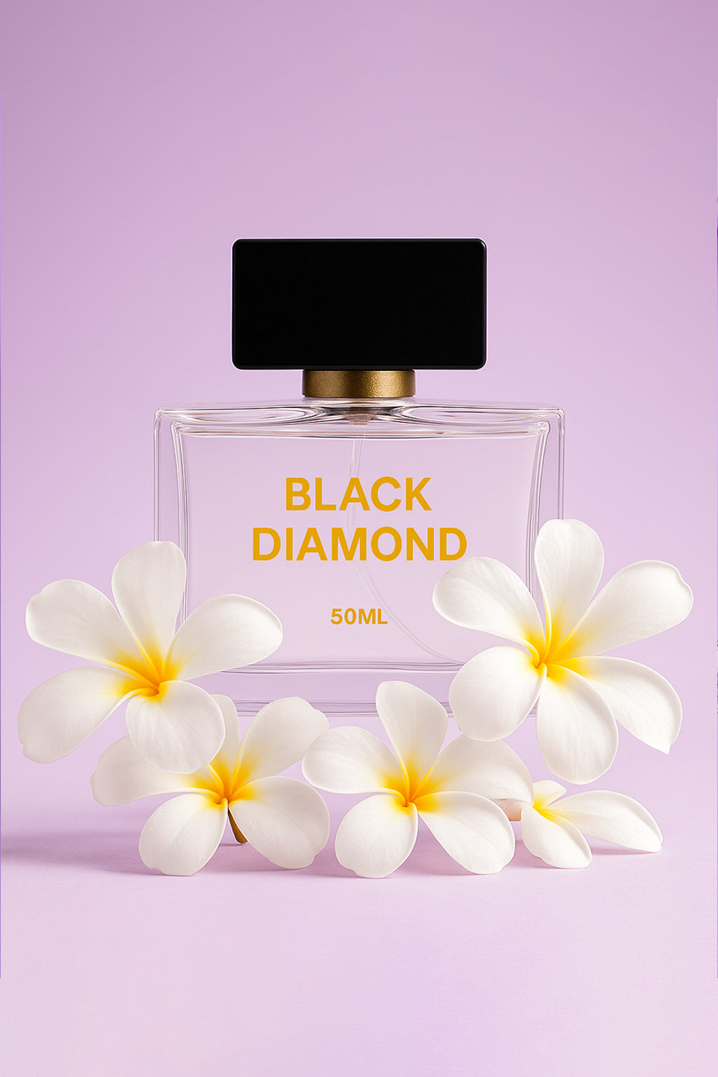 Perfume bottle labeled 'Black Diamond' with white flowers on a light purple background