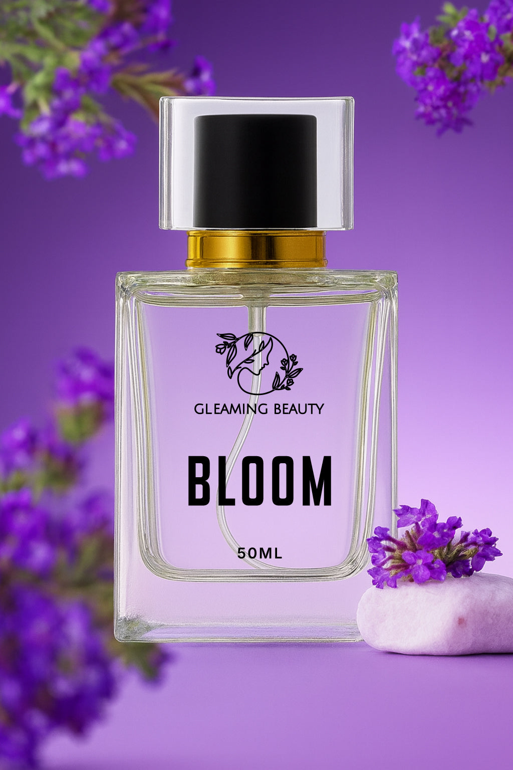 Perfume bottle labeled 'Bloom' by Gleaming Beauty on a purple background with flowers.