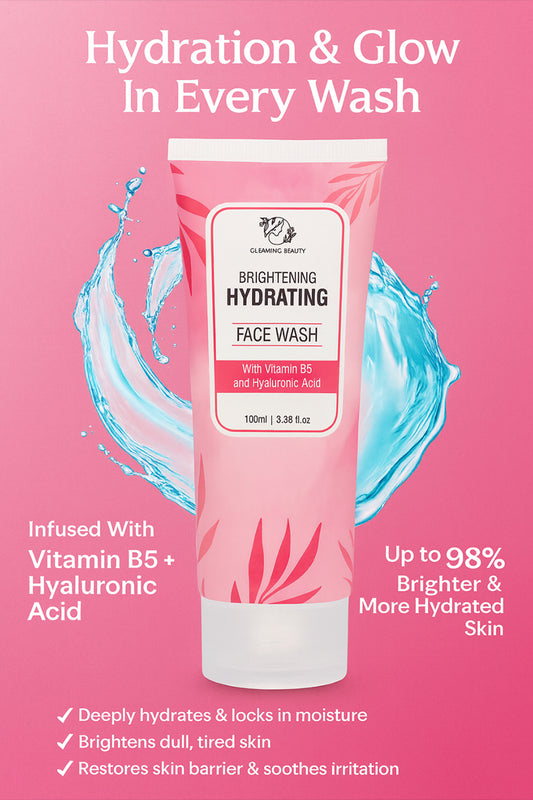 Gleaming Beauty Hyaluronic Face Wash 100 ml pink tube with aqua splash, hydrating hyaluronic acid cleanser for sensitive skin in Pakistan.