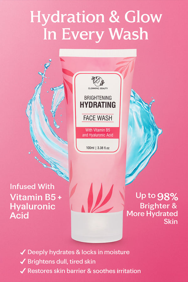 Gleaming Beauty Hyaluronic Face Wash 100 ml pink tube with aqua splash, hydrating hyaluronic acid cleanser for sensitive skin in Pakistan.