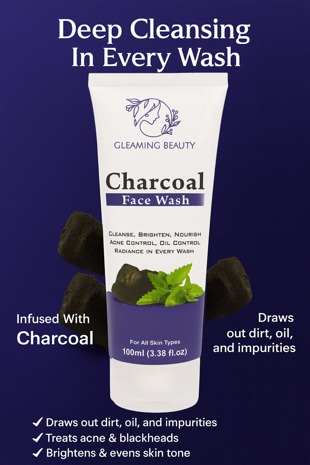 Gleaming Beauty Activated Charcoal Face Wash 100 ml tube with charcoal pieces, deep clean oil control face wash in Pakistan.
