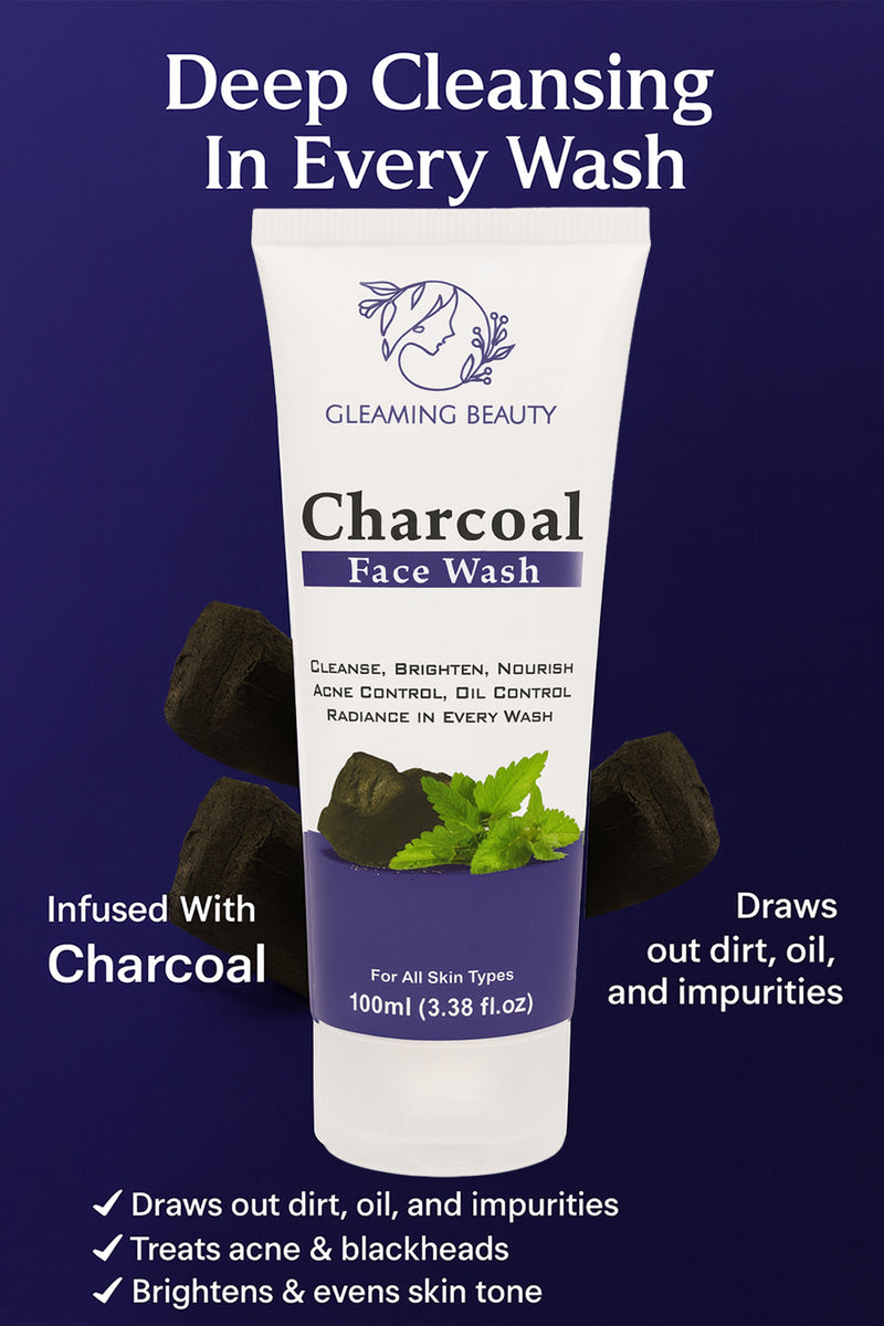 Gleaming Beauty Activated Charcoal Face Wash 100 ml tube with charcoal pieces, deep clean oil control face wash in Pakistan.