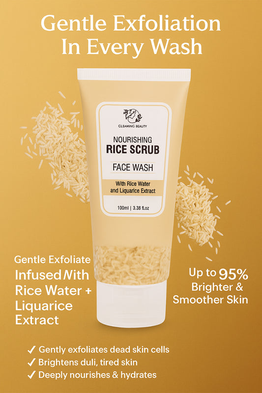 Gleaming Beauty Rice Face Wash 100 ml tube with rice grains, brightening rice water cleanser for dark spots in Pakistan.