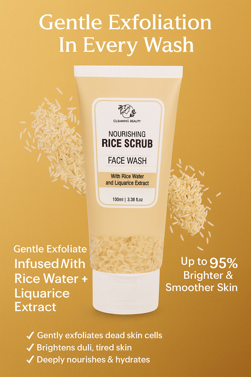 Gleaming Beauty Rice Face Wash 100 ml tube with rice grains, brightening rice water cleanser for dark spots in Pakistan.