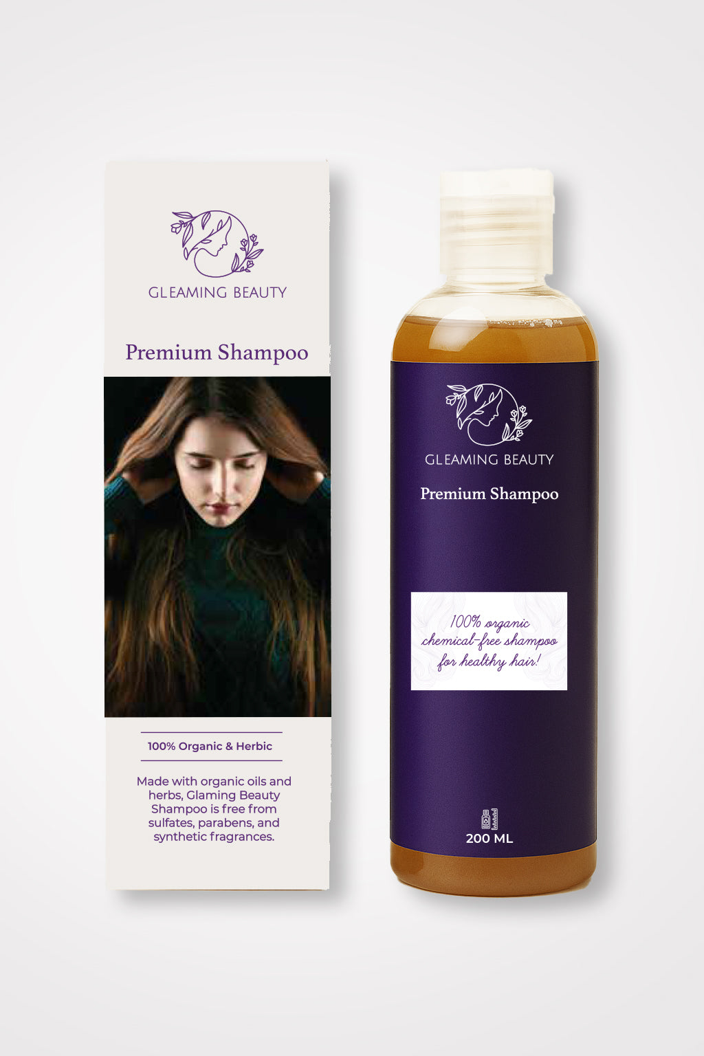 Gleaming Beauty Herbal Shampoo 200 ml bottle with purple label and box, organic chemical free herbal shampoo for hair fall in Pakistan.