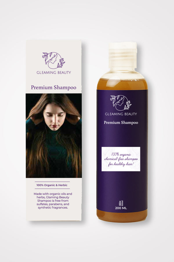 Gleaming Beauty Herbal Shampoo 200 ml bottle with purple label and box, organic chemical free herbal shampoo for hair fall in Pakistan.