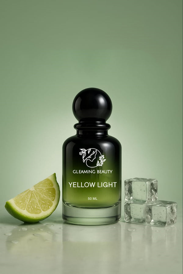 Gleaming Beauty Yellow Light 50 ml bottle with lime slice and ice cubes, citrus vetiver long lasting men’s perfume in Pakistan.
