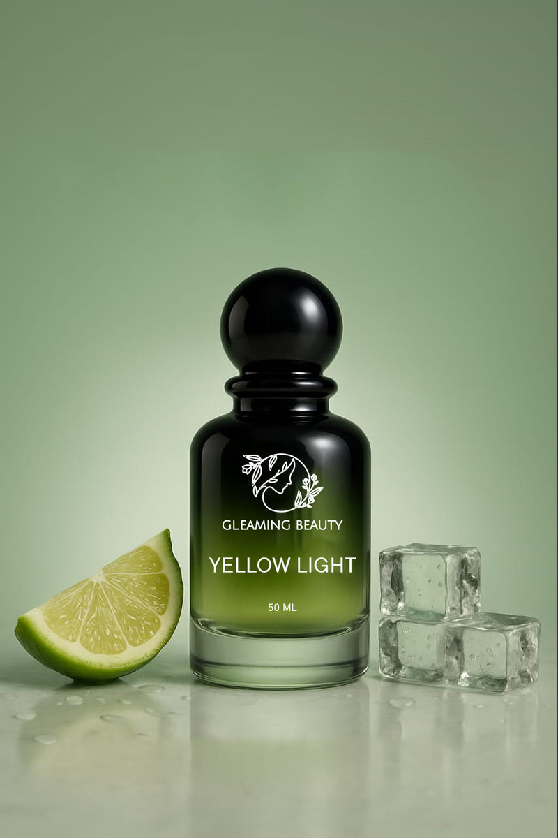 Gleaming Beauty Yellow Light 50 ml bottle with lime slice and ice cubes, citrus vetiver long lasting men’s perfume in Pakistan.