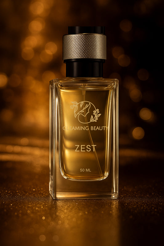 Gleaming Beauty Zest 50 ml perfume on warm golden bokeh background, floral fruity women’s scent, long lasting in Pakistan.